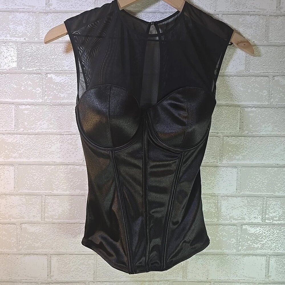 Spirit of Halloween Black Bustier Mesh Corset Top w/Boning Medium Adjustable